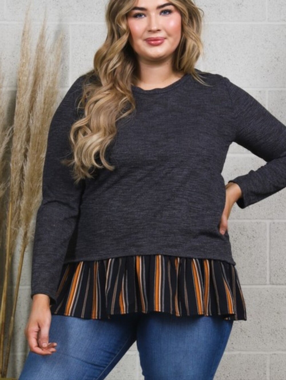 Charcoal Layered Hem Women’s Top with Striped Ruffle